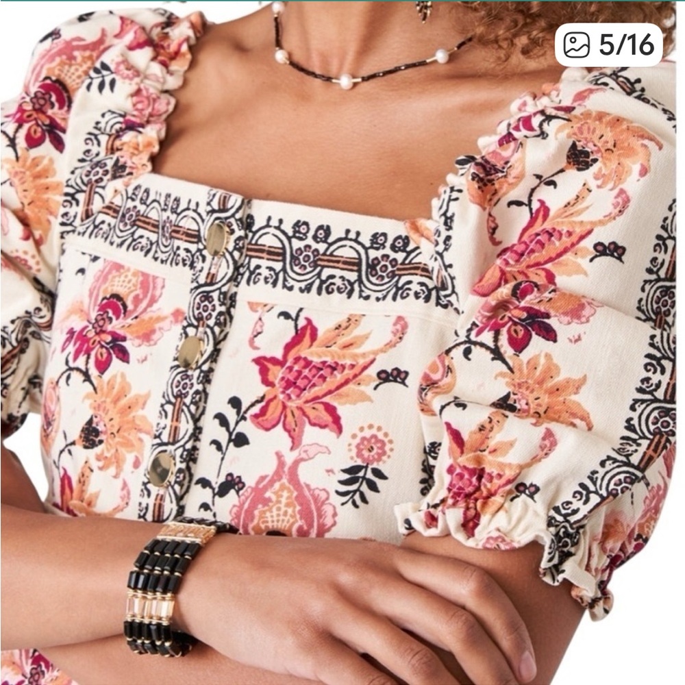 Spartina Catrina Denim Puff Sleeve Dress In Floral Thistle Stripe. Size Medium - Picture 5 of 13
